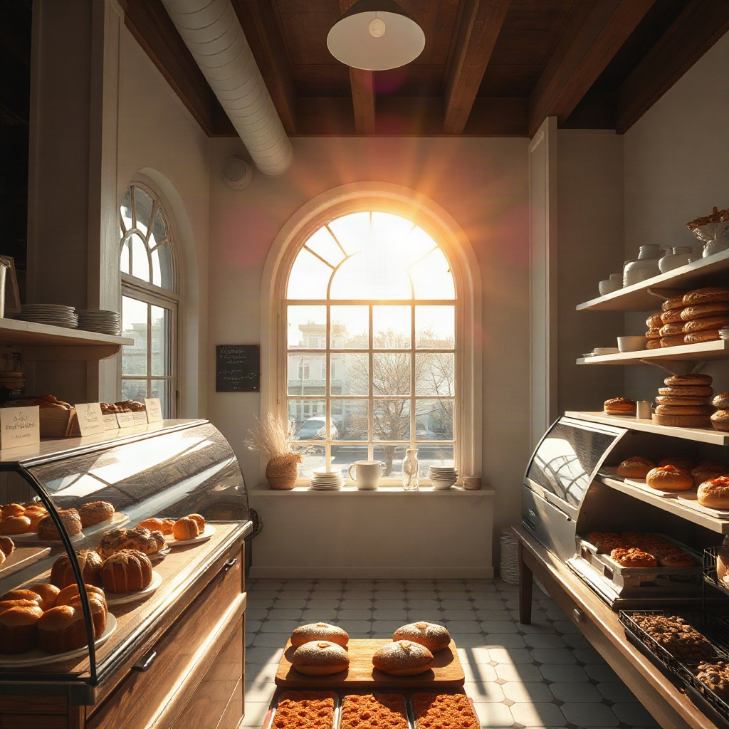 Bright bakery shop with warm morning sunlight and pastries